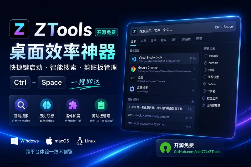 ZTools：免费开源桌面效率神器，快捷键启动、智能搜索、剪贴板管理-益友小站