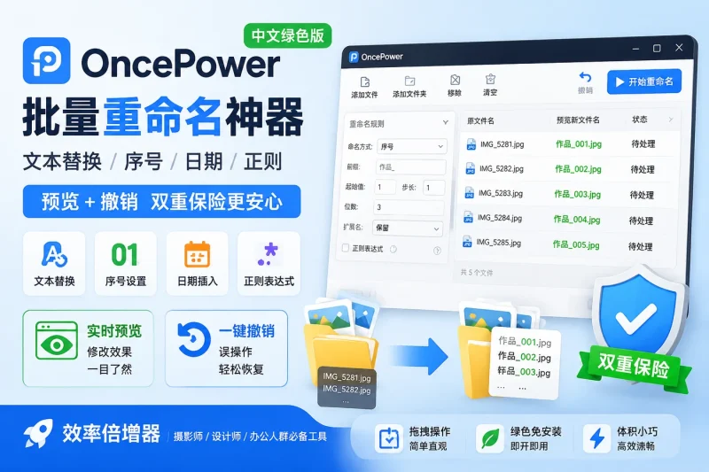 OncePower 中文绿色版 - 批量重命名神器，文本替换/序号/日期/正则，预览+撤销双重保险，摄影师设计师效率倍增器-益友小站
