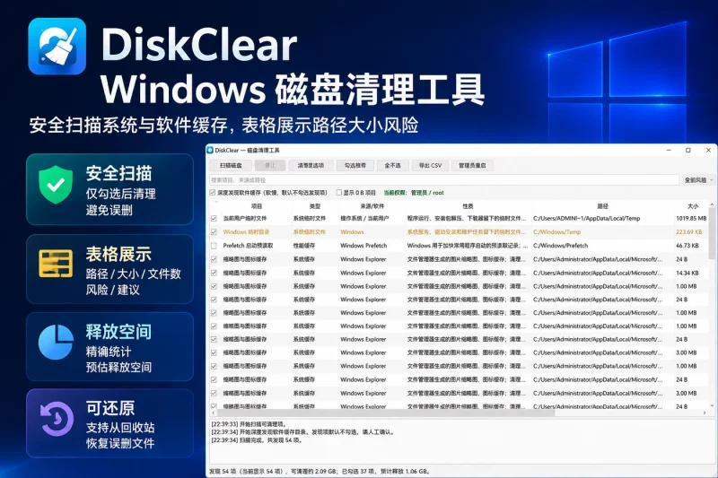 DiskClear | Windows 磁盘清理工具 – 安全扫描系统与软件缓存,表格展示路径大小风险-益友小站