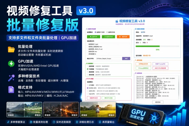 视频修复工具 批量修复版 - 支持多文件和文件夹批量处理 | GPU加速-益友小站
