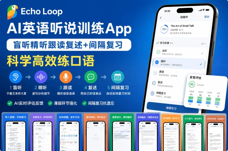 Echo Loop AI英语听说训练App:盲听精听跟读复述+间隔复习,科学高效练口语-益友小站