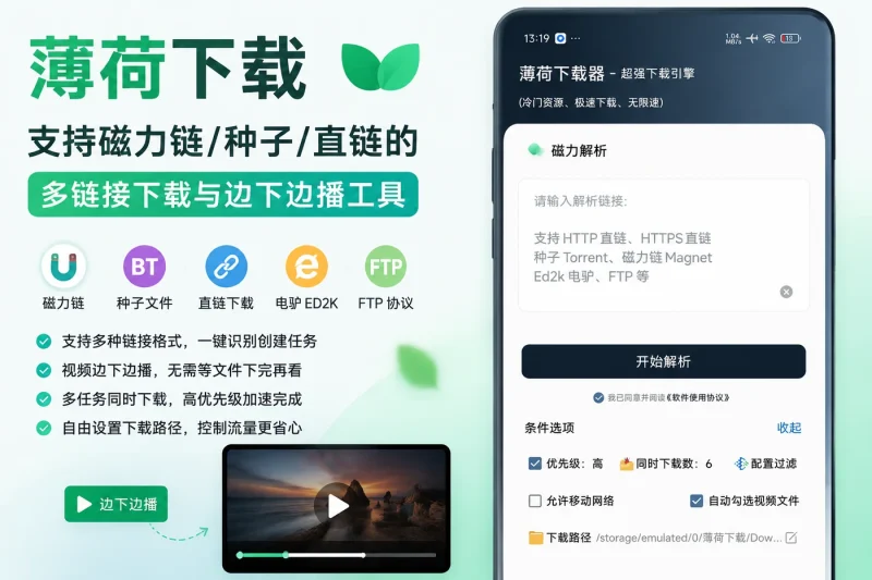 薄荷下载：支持磁力链/种子/直链的多链接下载与边下边播工具-益友小站