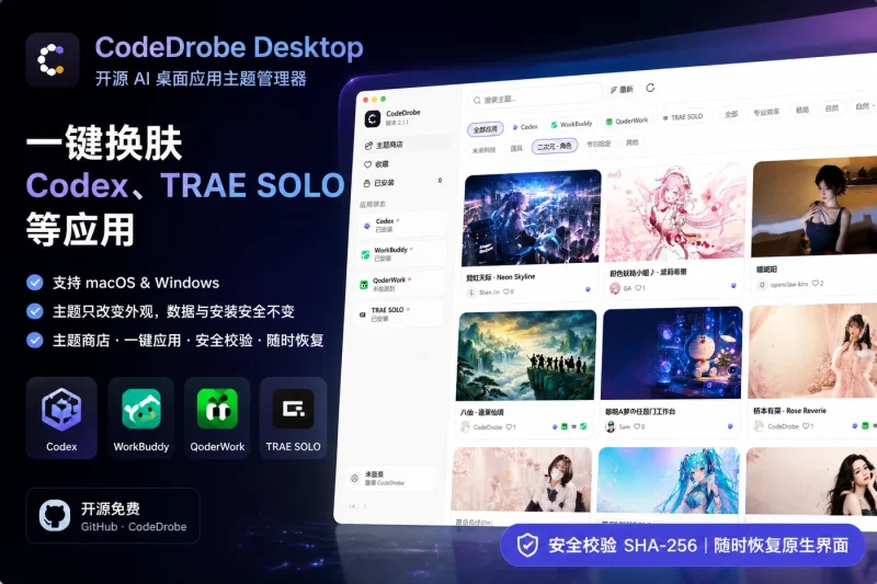 CodeDrobe Desktop：开源 AI 桌面应用主题管理器，一键换肤 Codex、Workbuddy、TRAE SOLO 等应用-益友小站