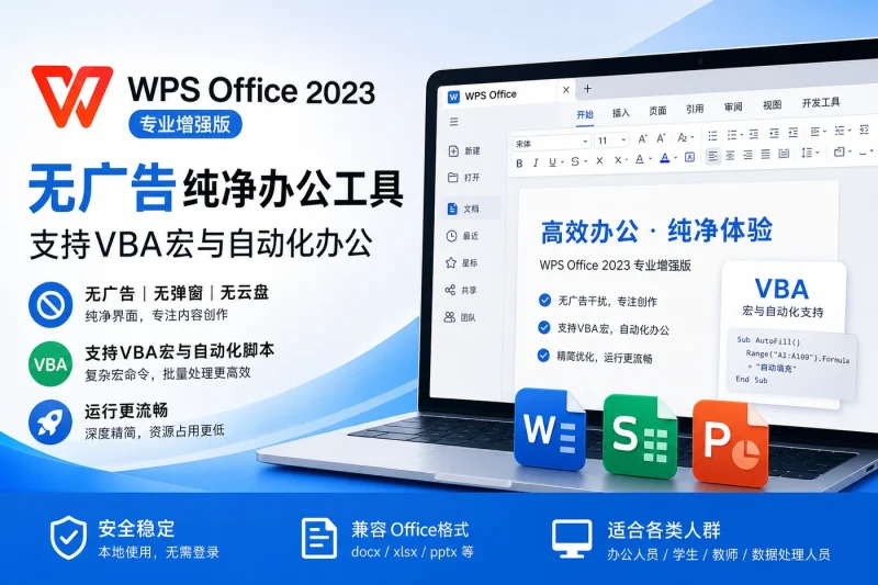 WPS Office 2023专业增强版：无广告纯净办公工具，支持VBA宏与自动化办公-益友小站