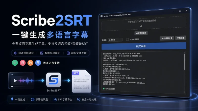 Scribe2SRT：免费桌面字幕生成工具，支持多语言视频音频转SRT字幕文件-益友小站