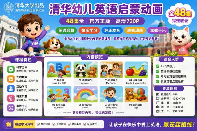 清华幼儿英语启蒙动画48集：适合0-6岁宝宝的英语听说与认知启蒙动画-益友小站