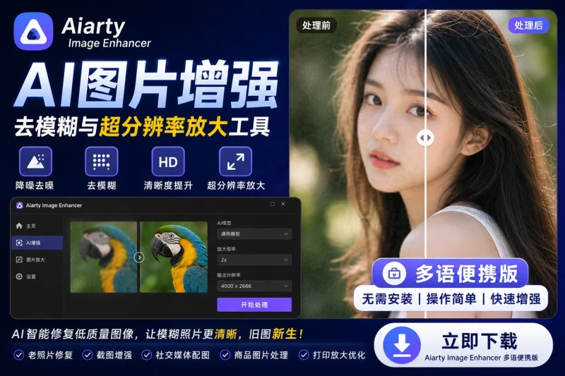 Aiarty Image Enhancer 多语便携版：AI图片增强、去模糊与超分辨率放大工具-益友小站
