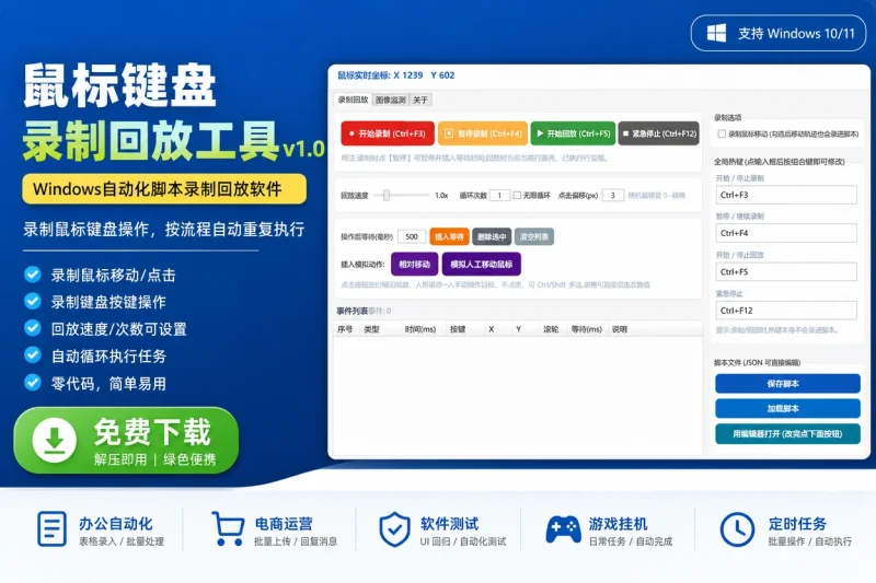 鼠标键盘录制回放工具v1.0：Windows自动化脚本录制回放软件免费下载-益友小站