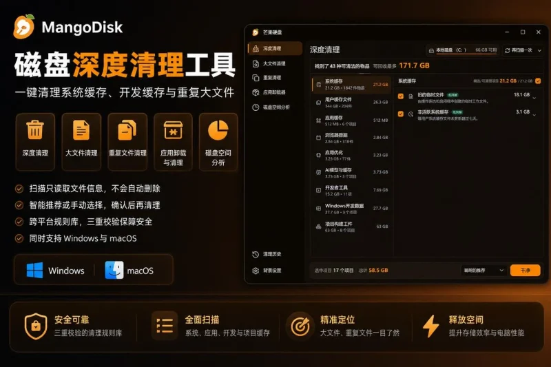 MangoDisk 磁盘深度清理工具：一键清理系统缓存、开发缓存与重复大文件-益友小站