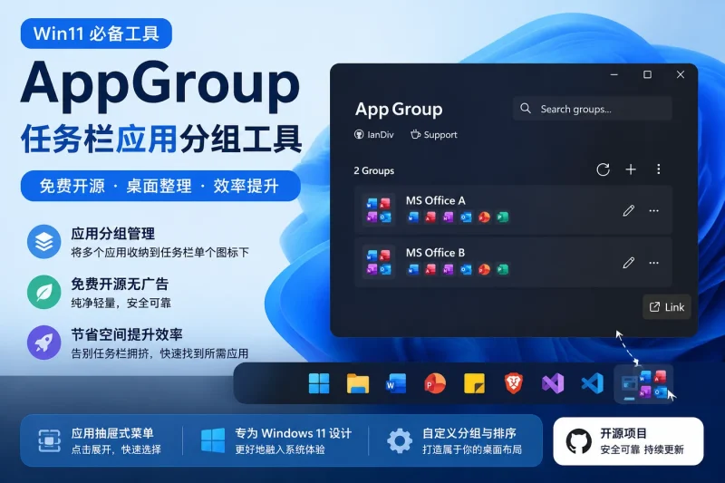 Win11任务栏应用分组工具AppGroup免费开源,整理桌面图标与任务栏空间-益友小站