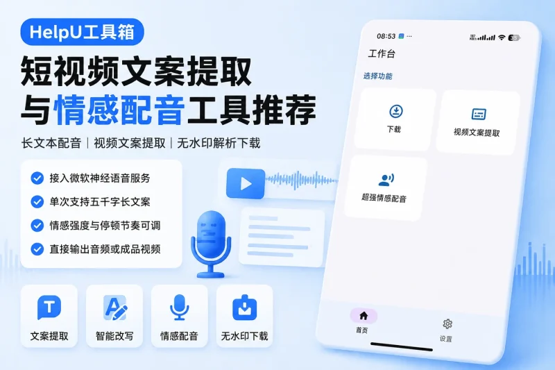 短视频文案提取与情感配音工具推荐:HelpU工具箱满足长文本配音与视频素材解析需求-益友小站