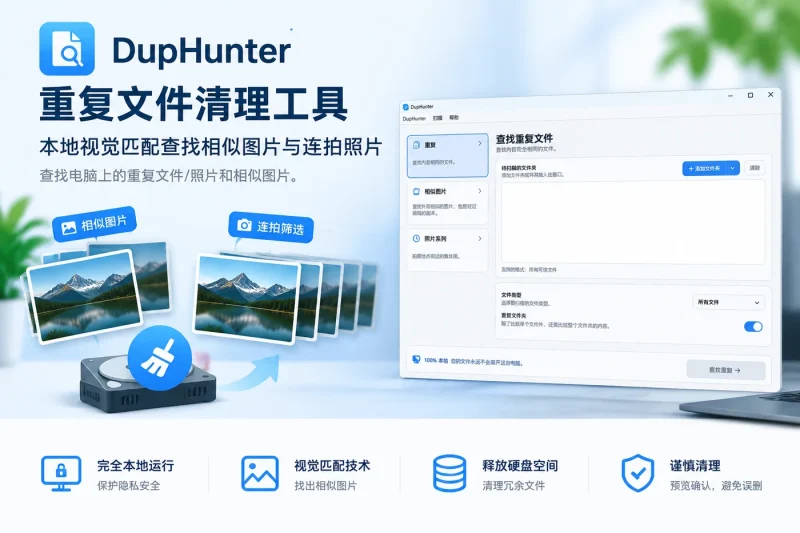 DupHunter重复文件清理工具:本地视觉匹配查找相似图片与连拍照片-益友小站