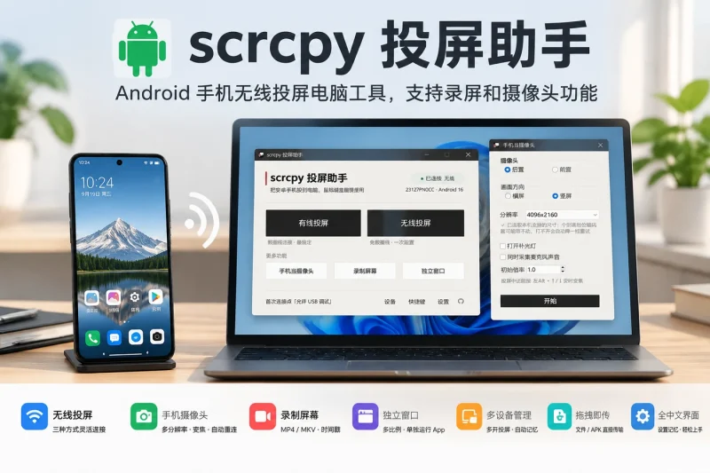 scrcpy 投屏助手：Android 手机无线投屏电脑工具，支持录屏和摄像头功能-益友小站