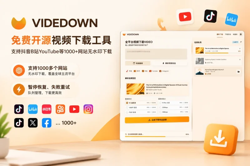 Videdown - 免费开源视频下载工具，支持抖音B站YouTube等1000+网站无水印下载-益友小站
