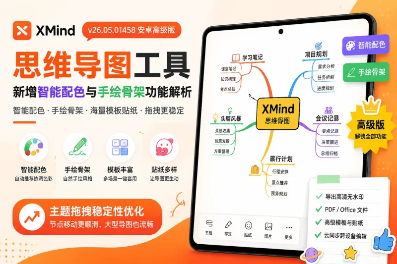 XMind v26.05.01458 安卓高级版：思维导图工具新增智能配色与手绘骨架功能解析-益友小站