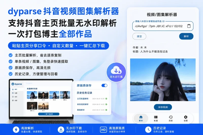dyparse抖音视频图集解析器：支持抖音主页批量无水印解析，一次打包博主全部作品-益友小站