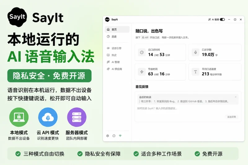 SayIt - 本地运行的 AI 语音输入法，隐私安全免费开源-益友小站