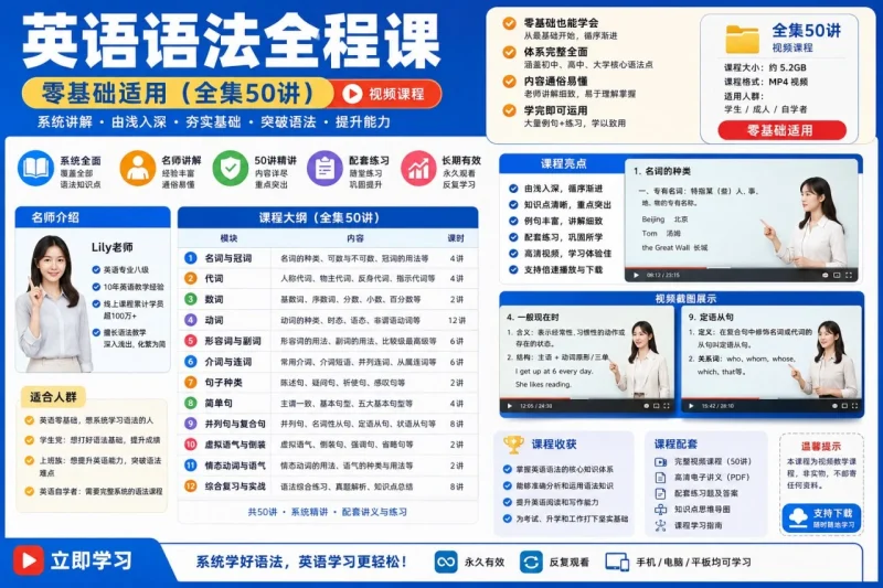 零基础英语语法全程课50讲：从入门到精通系统学习英语语法-益友小站